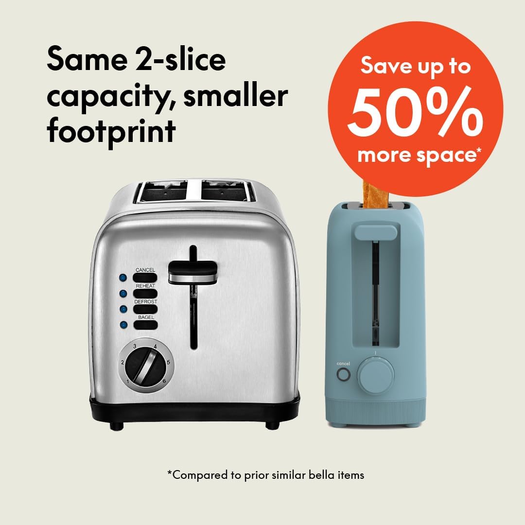 bella 2 Slice Slim Toaster, Fits-anywhere™ Kitchenware, 6 Setting Shade Control with Reheat & Cancel Buttons, Fits sourdough, 10” Long Slot, Anti Jam & Auto Shutoff, 900 Watt, Surf - Image 2